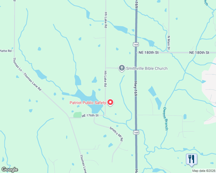 map of restaurants, bars, coffee shops, grocery stores, and more near 17713 Hh Lake Road in Smithville