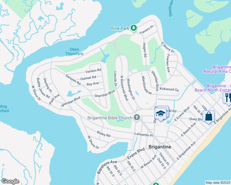 map of restaurants, bars, coffee shops, grocery stores, and more near 144 Lincoln Drive in Brigantine