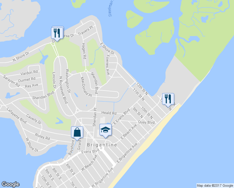 map of restaurants, bars, coffee shops, grocery stores, and more near 27 Kirkwood Circle in Brigantine