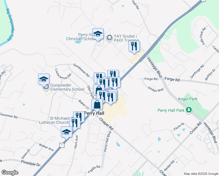map of restaurants, bars, coffee shops, grocery stores, and more near 9652 Belair Road in Nottingham