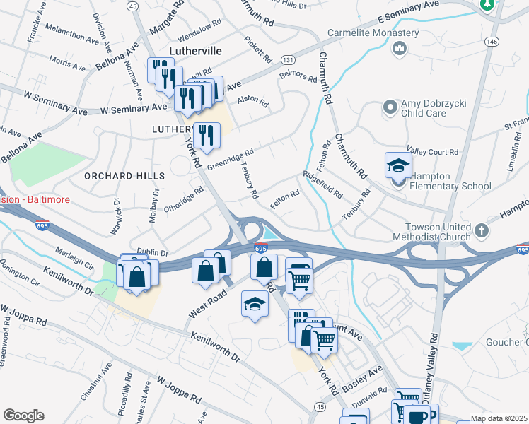 map of restaurants, bars, coffee shops, grocery stores, and more near 9 Tenbury Road in Lutherville-Timonium