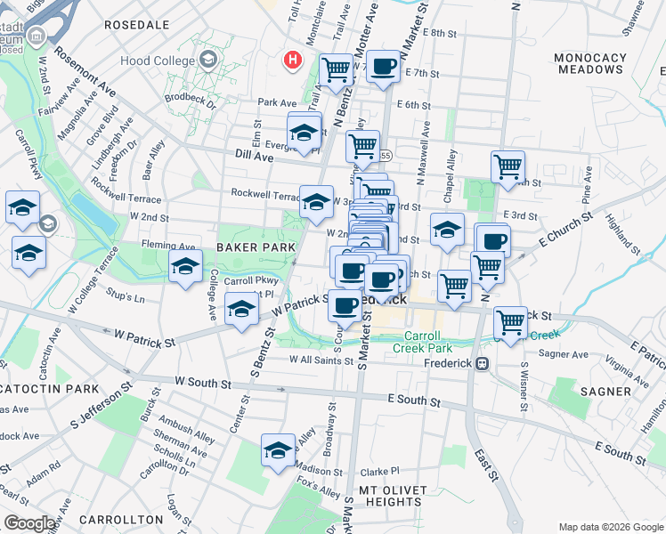 map of restaurants, bars, coffee shops, grocery stores, and more near West Church Street in Frederick