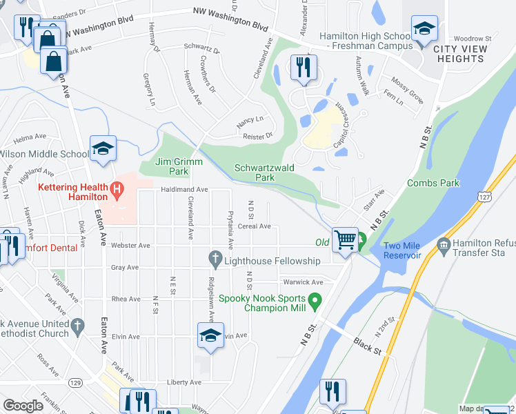 map of restaurants, bars, coffee shops, grocery stores, and more near 924 North D Street in Hamilton