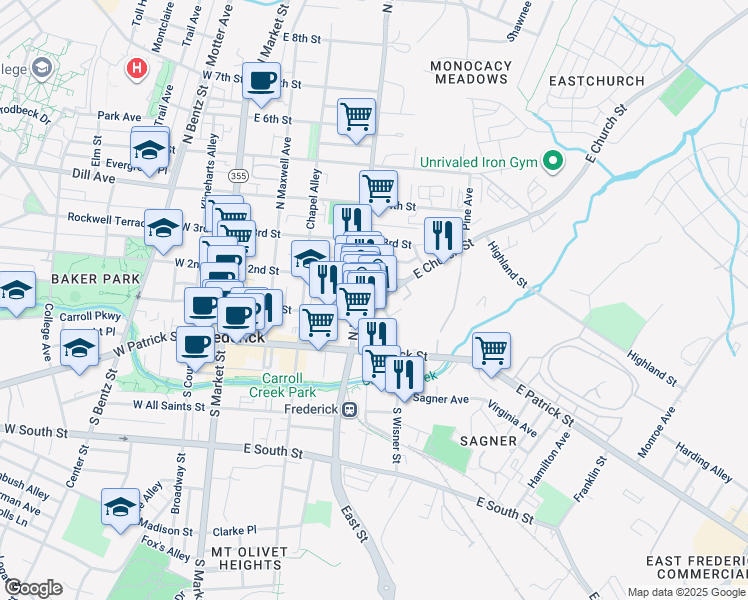 map of restaurants, bars, coffee shops, grocery stores, and more near 319 East Church Street in Frederick