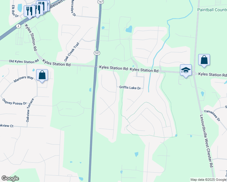 map of restaurants, bars, coffee shops, grocery stores, and more near 4978 Streamside Court in Butler County