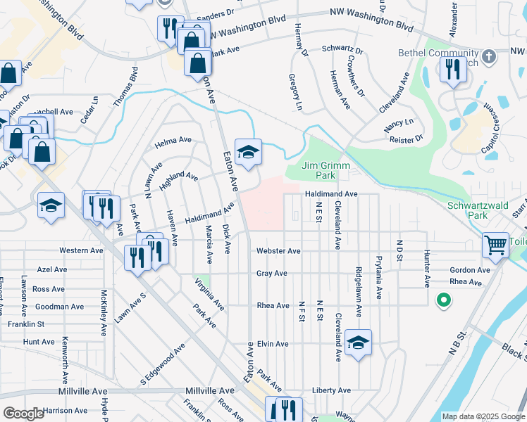 map of restaurants, bars, coffee shops, grocery stores, and more near 630 Eaton Avenue in Hamilton
