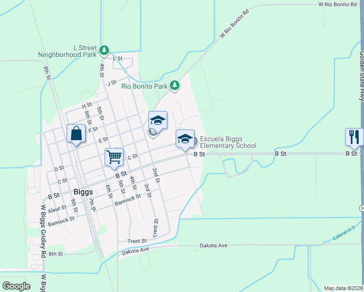map of restaurants, bars, coffee shops, grocery stores, and more near 329 C Street in Biggs