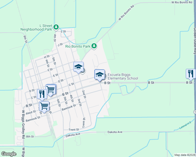 map of restaurants, bars, coffee shops, grocery stores, and more near 329 C Street in Biggs