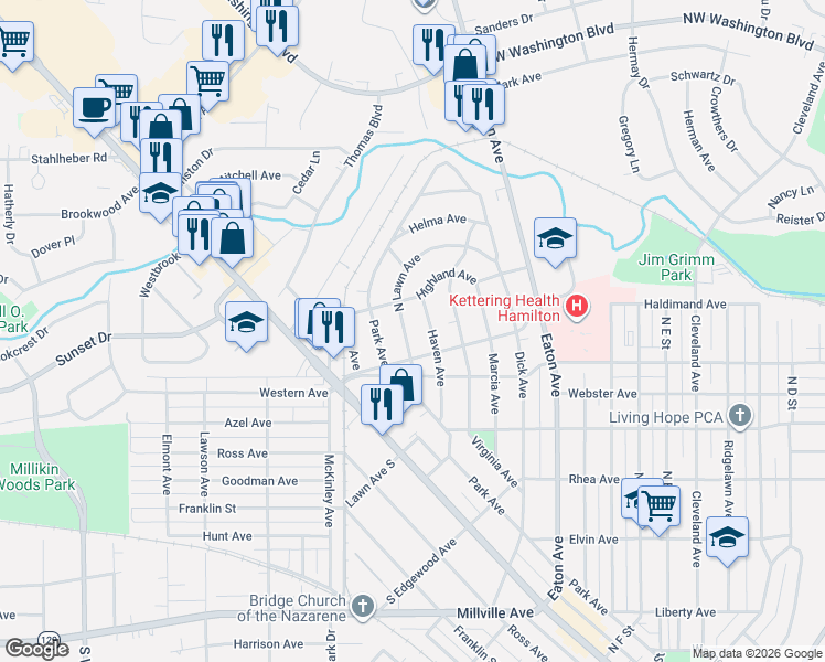 map of restaurants, bars, coffee shops, grocery stores, and more near 846 Lawn Avenue North in Hamilton