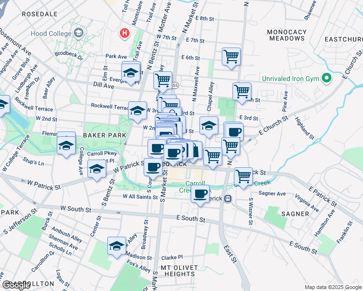 map of restaurants, bars, coffee shops, grocery stores, and more near 25 East Church Street in Frederick