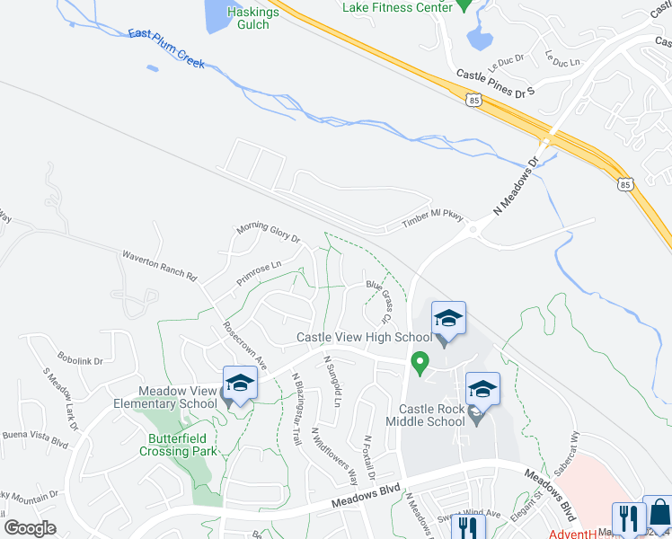 map of restaurants, bars, coffee shops, grocery stores, and more near 5371 Sweet Grass Court in Castle Rock