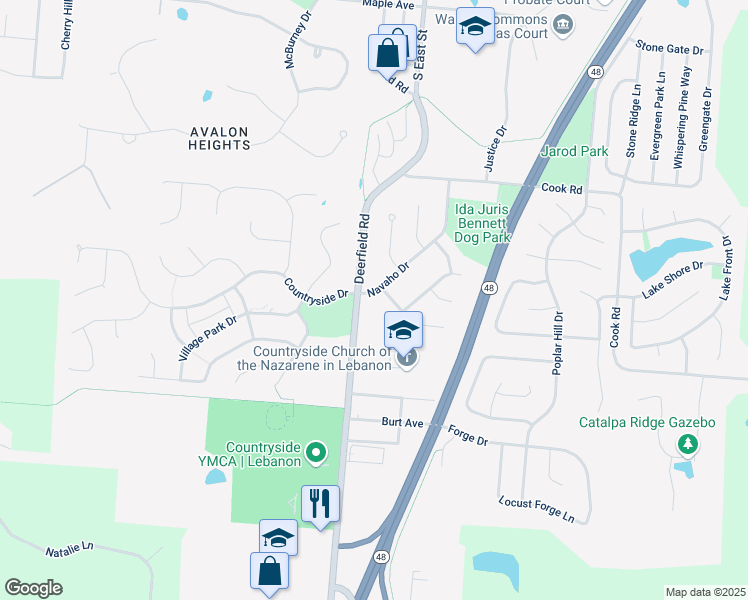 map of restaurants, bars, coffee shops, grocery stores, and more near 1174 Navaho Drive in Lebanon