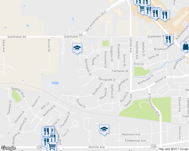 map of restaurants, bars, coffee shops, grocery stores, and more near 734 Springvale Drive in Hamilton