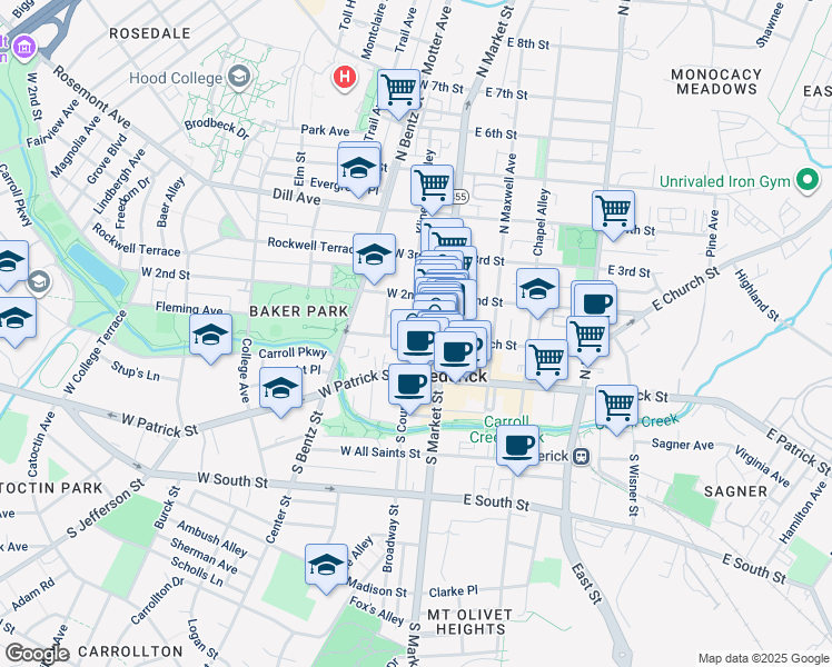 map of restaurants, bars, coffee shops, grocery stores, and more near 100 North Court Street in Frederick
