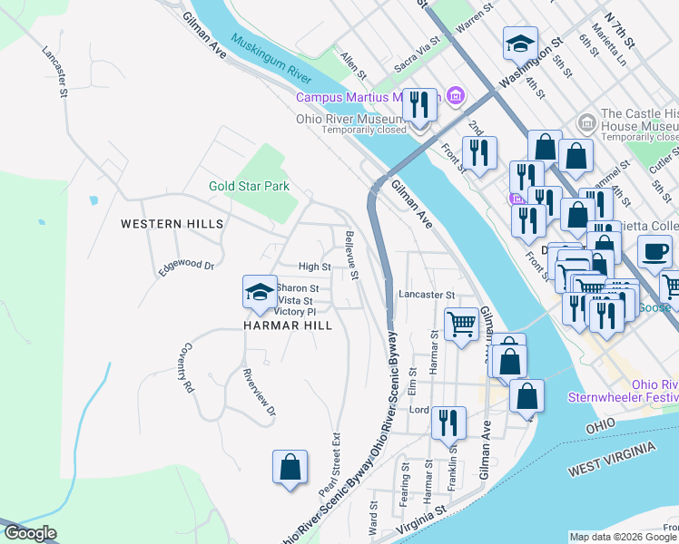 map of restaurants, bars, coffee shops, grocery stores, and more near 101 High St in Marietta