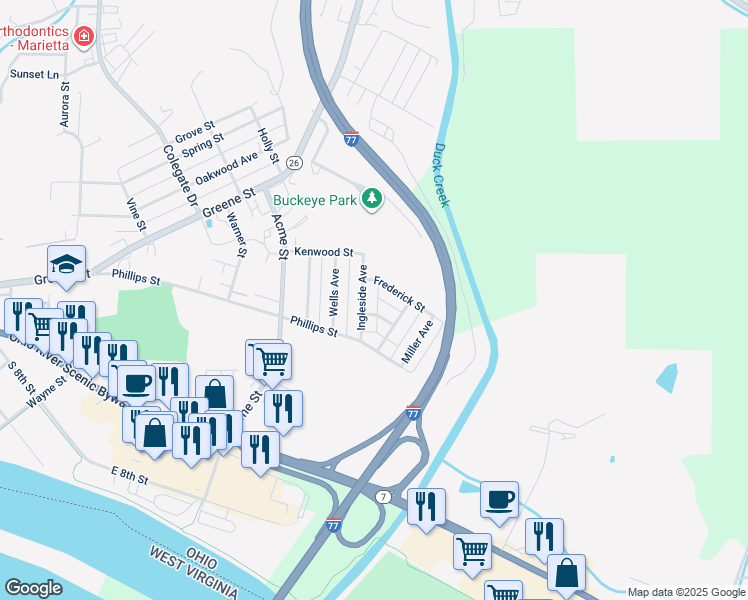map of restaurants, bars, coffee shops, grocery stores, and more near 212 1/2 Ingleside Avenue in Marietta