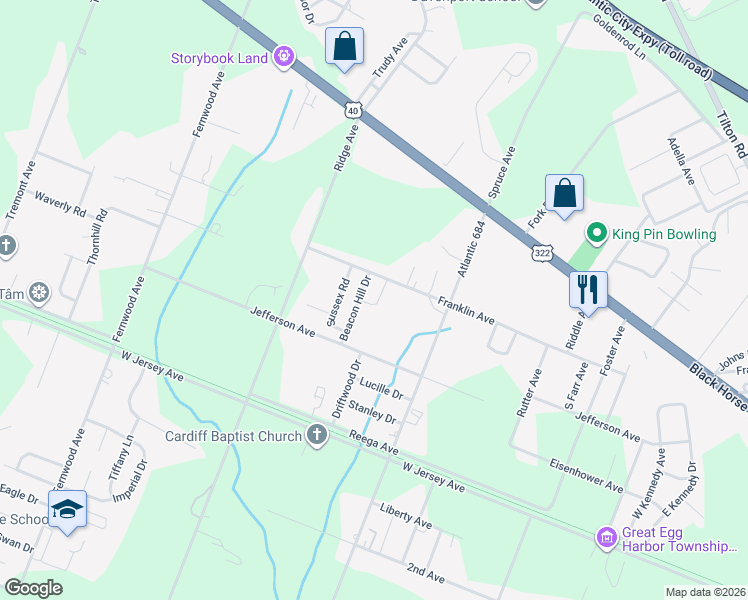 map of restaurants, bars, coffee shops, grocery stores, and more near 107 Suffolk Road in Egg Harbor Township