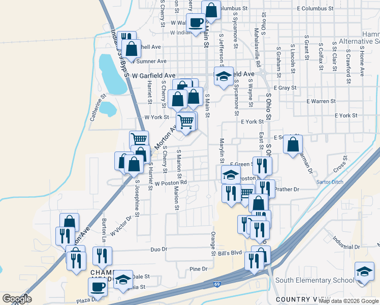 map of restaurants, bars, coffee shops, grocery stores, and more near 1280 South Mulberry Street in Martinsville