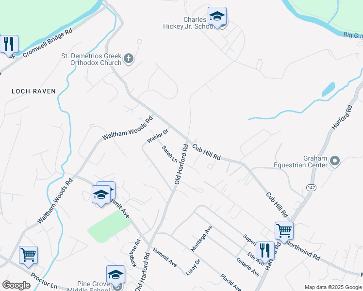 map of restaurants, bars, coffee shops, grocery stores, and more near 9420 Old Harford Road in Parkville