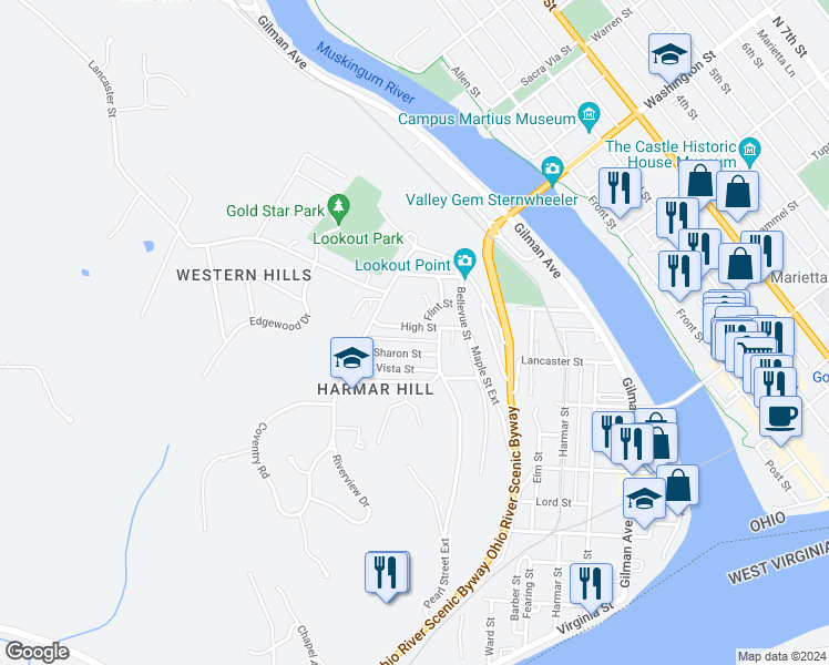 map of restaurants, bars, coffee shops, grocery stores, and more near 115 High Street in Marietta