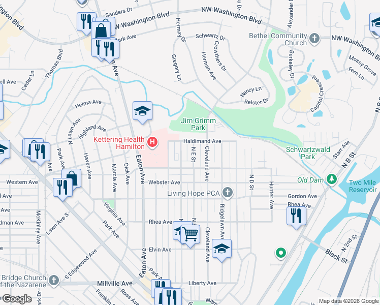 map of restaurants, bars, coffee shops, grocery stores, and more near 963 North E Street in Hamilton