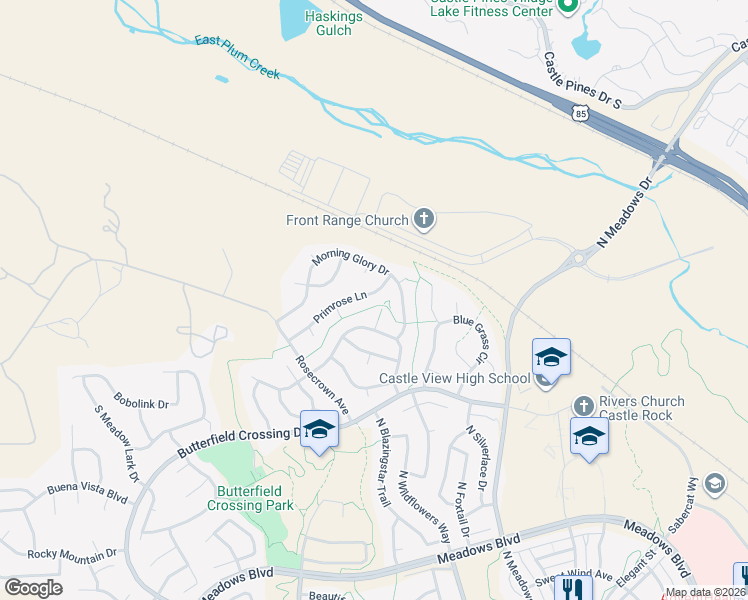 map of restaurants, bars, coffee shops, grocery stores, and more near 3598 Primrose Lane in Castle Rock