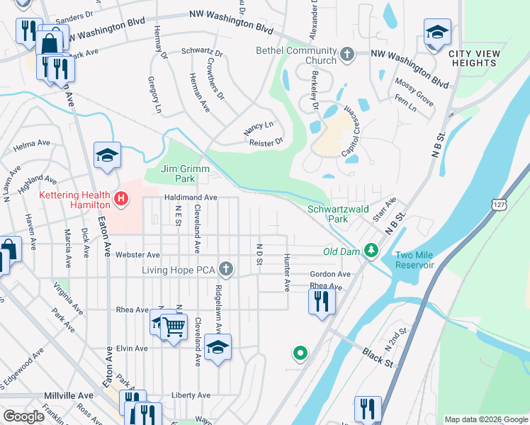 map of restaurants, bars, coffee shops, grocery stores, and more near 924 North D Street in Hamilton