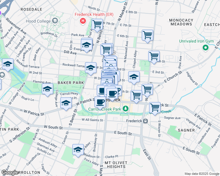 map of restaurants, bars, coffee shops, grocery stores, and more near 106 North Market Street in Frederick