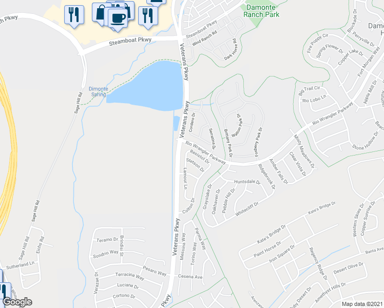 map of restaurants, bars, coffee shops, grocery stores, and more near 1820 Resistol Drive in Reno