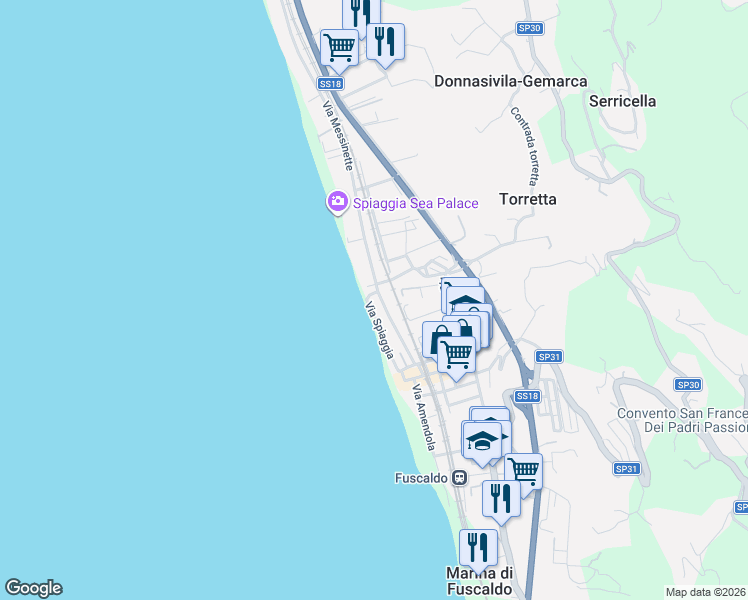 map of restaurants, bars, coffee shops, grocery stores, and more near 36 Via Spiaggia in Marina di Fuscaldo