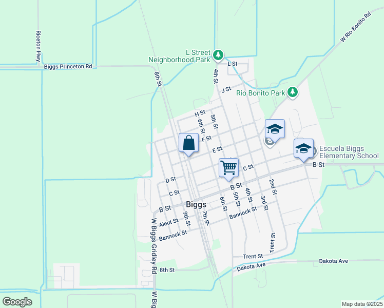 map of restaurants, bars, coffee shops, grocery stores, and more near 494 E Street in Biggs