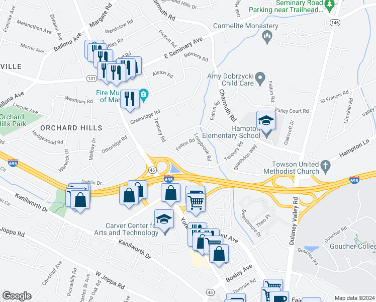 map of restaurants, bars, coffee shops, grocery stores, and more near 6 Weston Court in Lutherville-Timonium
