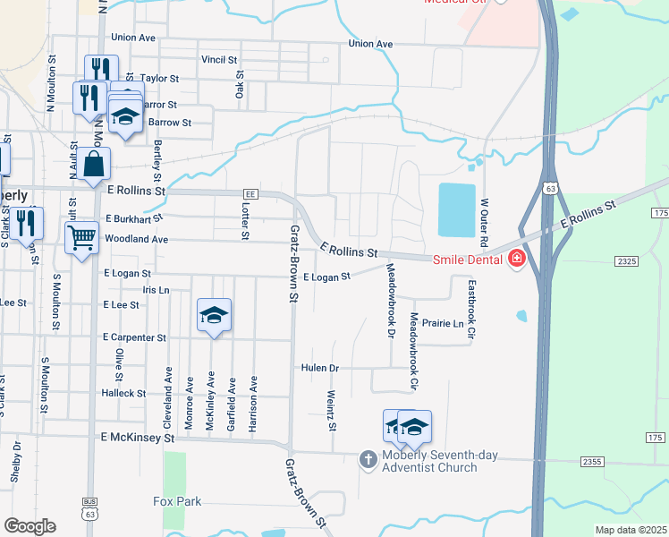 map of restaurants, bars, coffee shops, grocery stores, and more near 1201-1499 East Logan Street in Moberly
