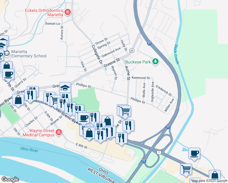 map of restaurants, bars, coffee shops, grocery stores, and more near 603 Phillips Street in Marietta