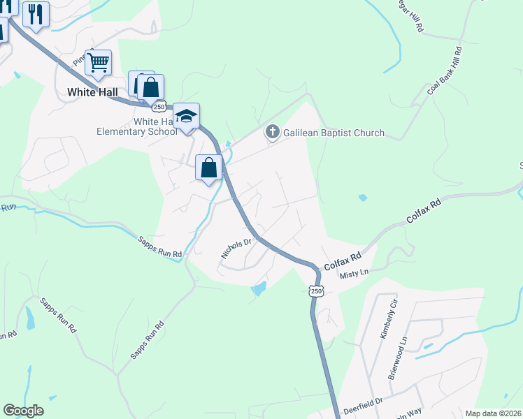 map of restaurants, bars, coffee shops, grocery stores, and more near 603 Birch View Drive in Fairmont