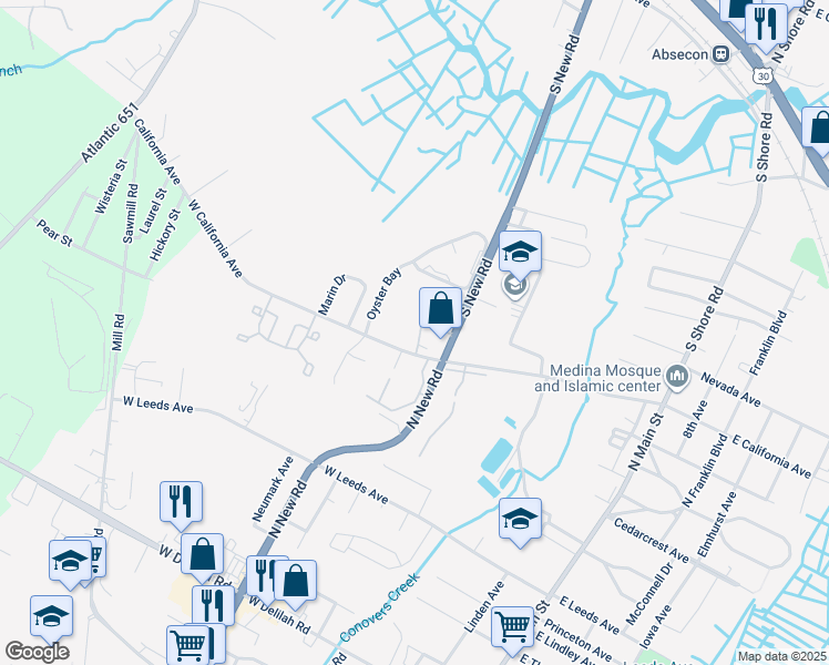 map of restaurants, bars, coffee shops, grocery stores, and more near 1-29, 2-30 Oyster Bay in Absecon