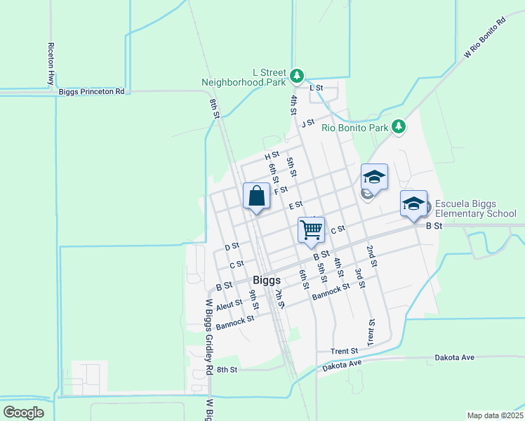 map of restaurants, bars, coffee shops, grocery stores, and more near 494 E St in Biggs
