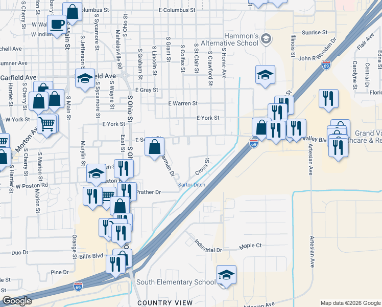 map of restaurants, bars, coffee shops, grocery stores, and more near 944 Center Street in Martinsville