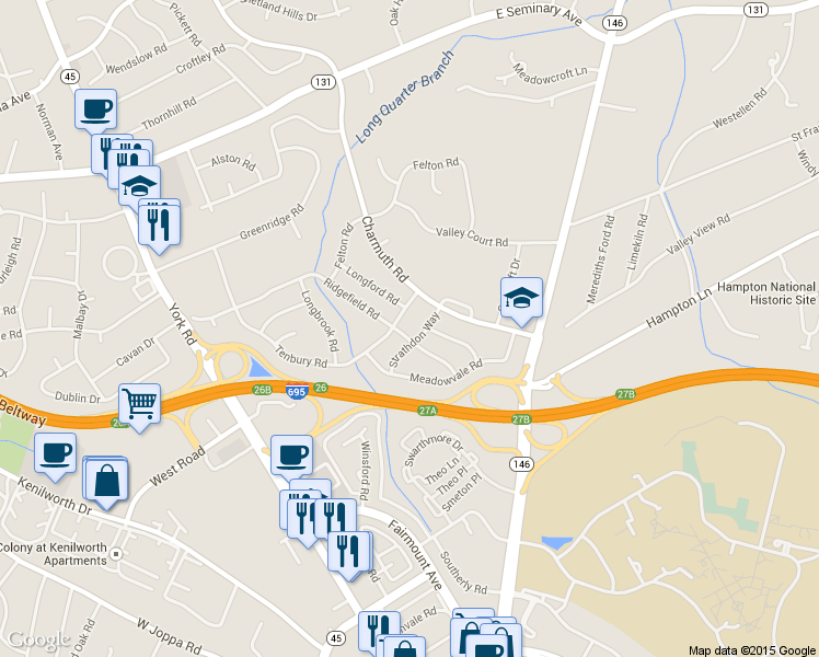 map of restaurants, bars, coffee shops, grocery stores, and more near 132 Ridgefield Road in Lutherville-Timonium