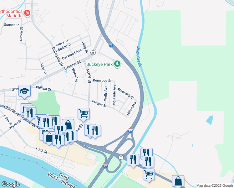 map of restaurants, bars, coffee shops, grocery stores, and more near 212 1/2 Ingleside Avenue in Marietta