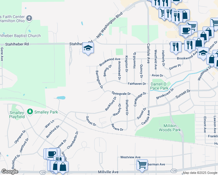 map of restaurants, bars, coffee shops, grocery stores, and more near 734 Springvale Drive in Hamilton