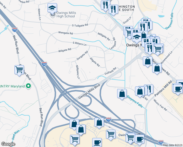 map of restaurants, bars, coffee shops, grocery stores, and more near 221 Owings Gate Court in Owings Mills
