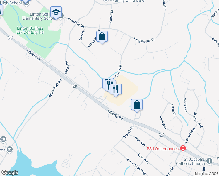 map of restaurants, bars, coffee shops, grocery stores, and more near 5977 Exchange Drive in Eldersburg