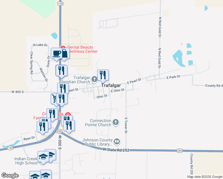 map of restaurants, bars, coffee shops, grocery stores, and more near 107 Pleasant Street in Trafalgar