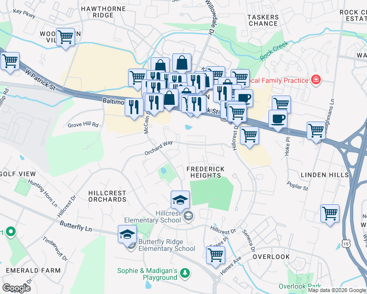 map of restaurants, bars, coffee shops, grocery stores, and more near 1215 Danielle Drive in Frederick