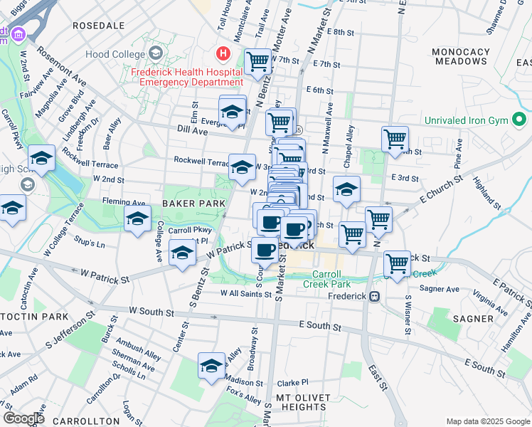 map of restaurants, bars, coffee shops, grocery stores, and more near 106 North Court Street in Frederick