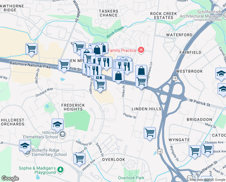 map of restaurants, bars, coffee shops, grocery stores, and more near 1210 Rock Hill Drive in Frederick