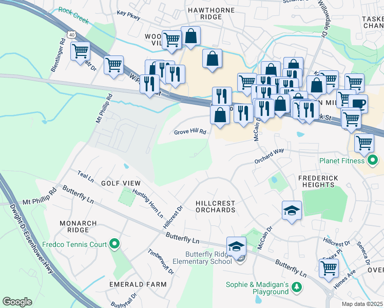 map of restaurants, bars, coffee shops, grocery stores, and more near 5966 Grove Hill Road in Frederick