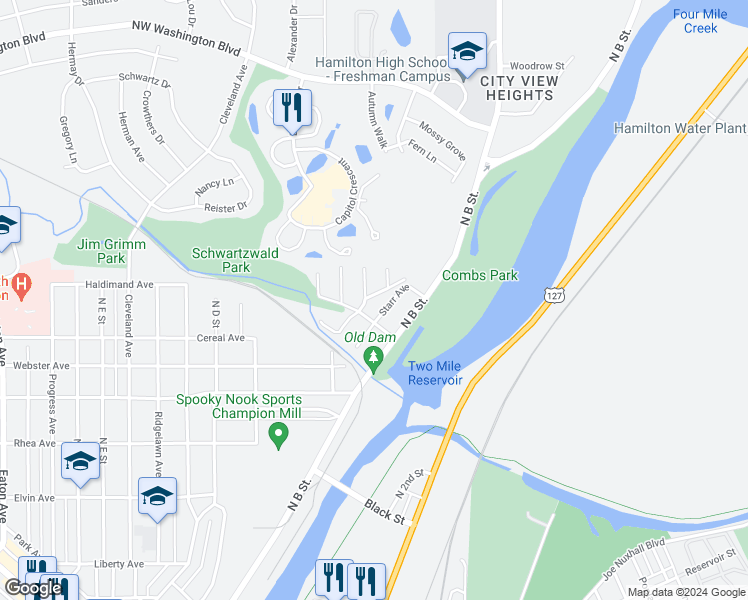 map of restaurants, bars, coffee shops, grocery stores, and more near 1200 Summer Street in Hamilton