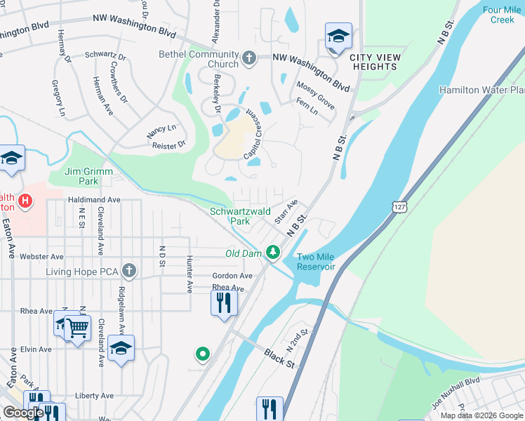 map of restaurants, bars, coffee shops, grocery stores, and more near 198 Lagonda Avenue in Hamilton